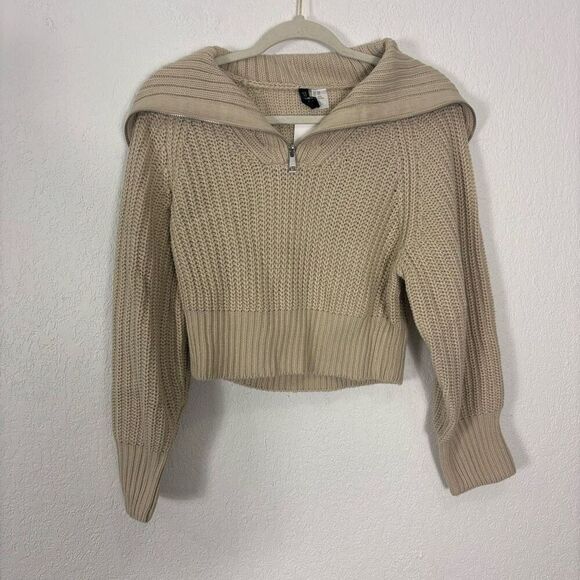 New H&M Cream Knit Oversized Collar Cropped Pullover Sweater XXS - Picture 1 of 6